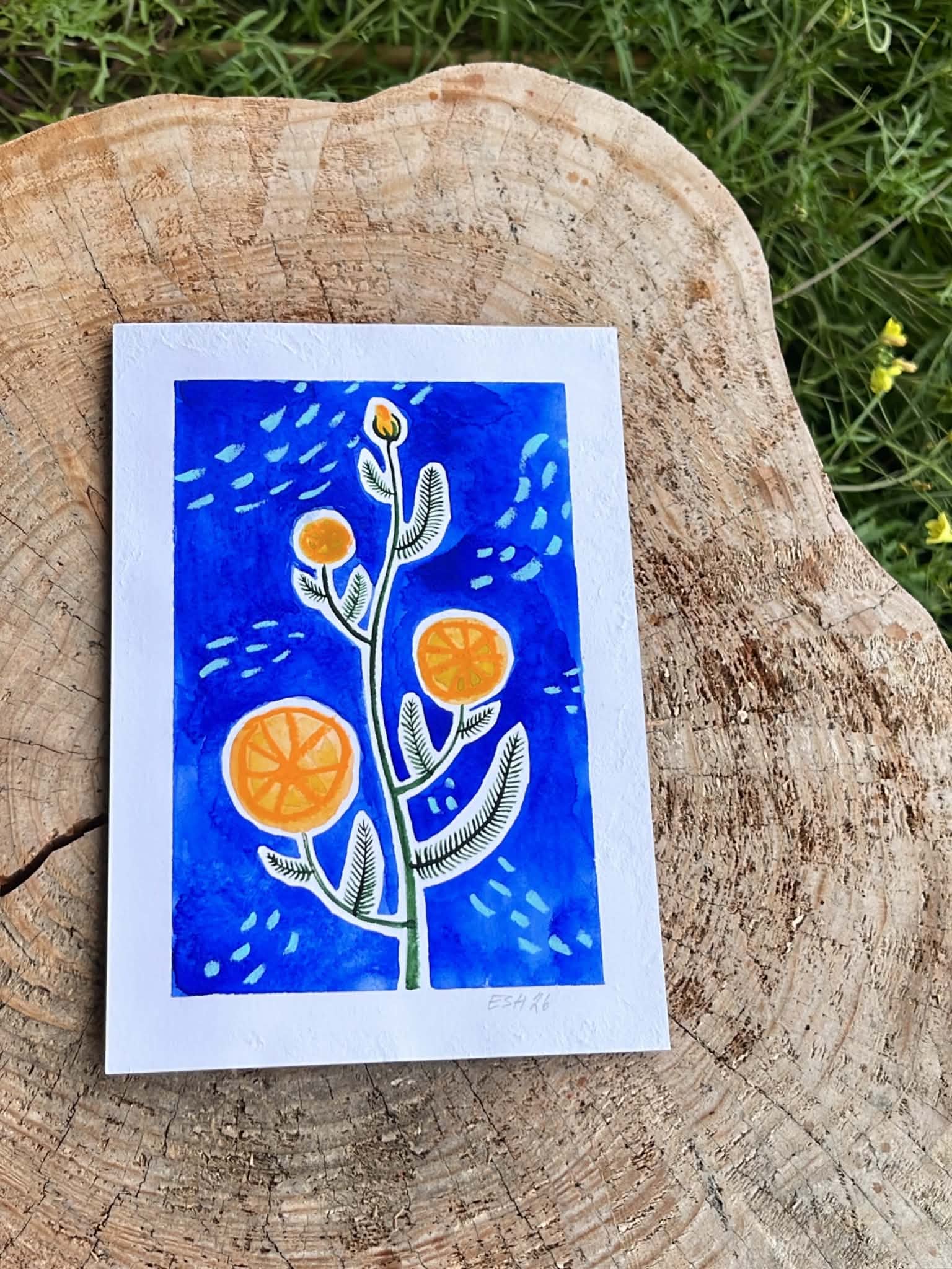 Orange citrusfrugter på blå baggrund
