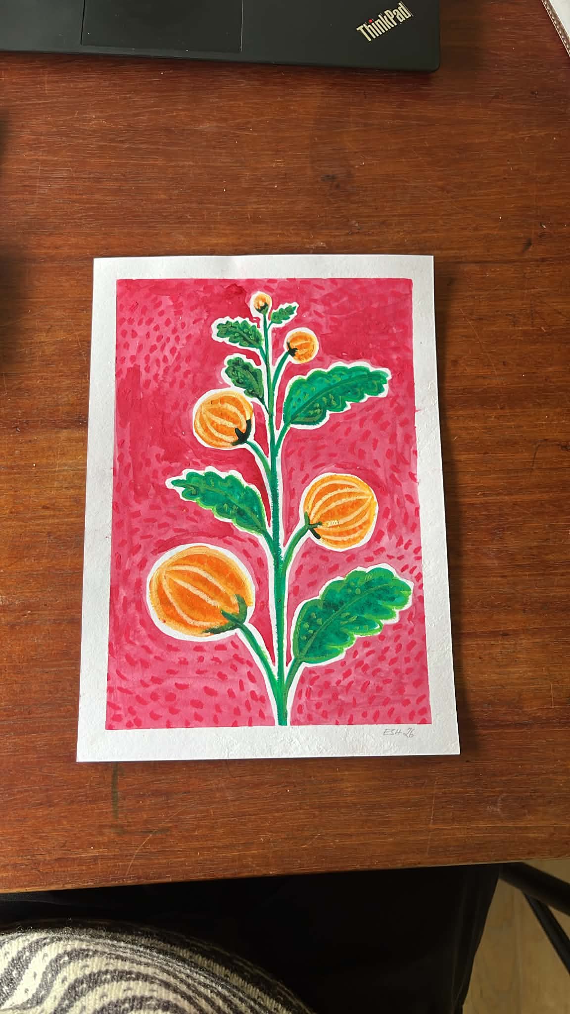 Akvarel med orange citrusfrugter på pink baggrund, malet af Ellen